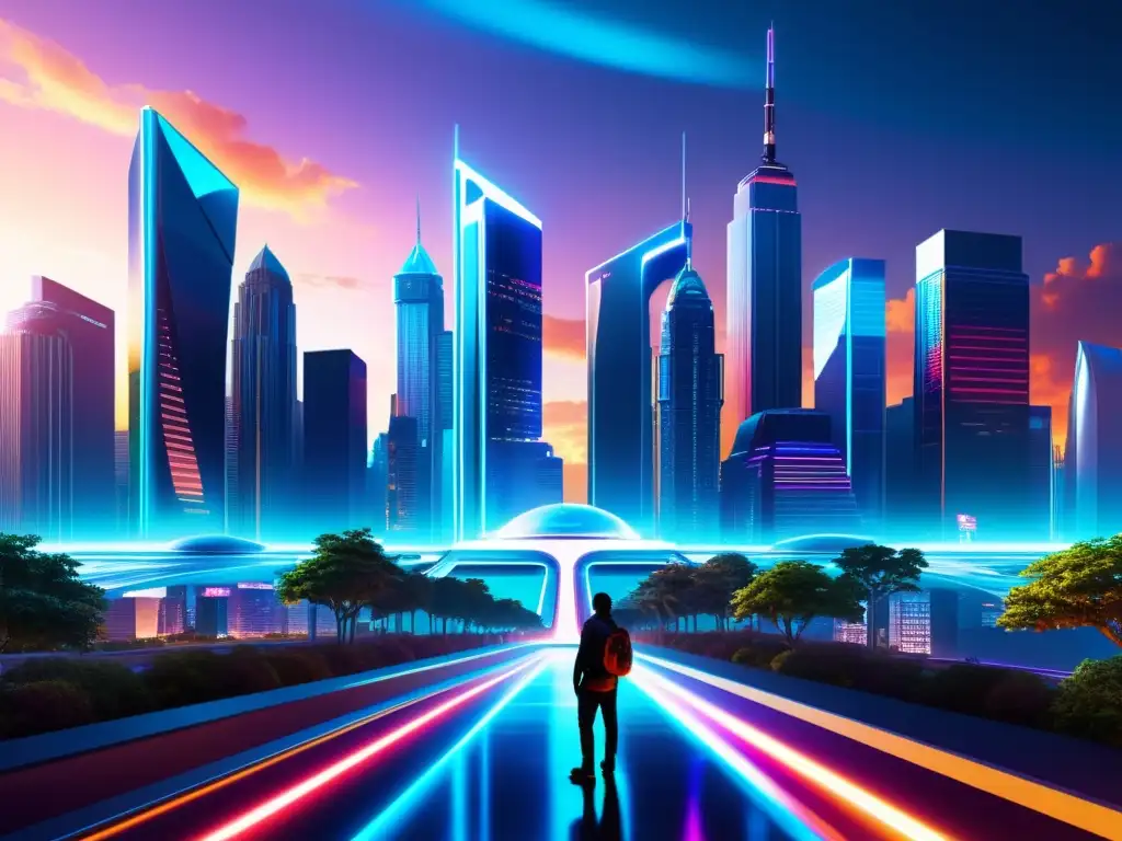 Una obra digital futurista de alta resolución que muestra un paisaje de realidad virtual con rascacielos imponentes y calles iluminadas con neón