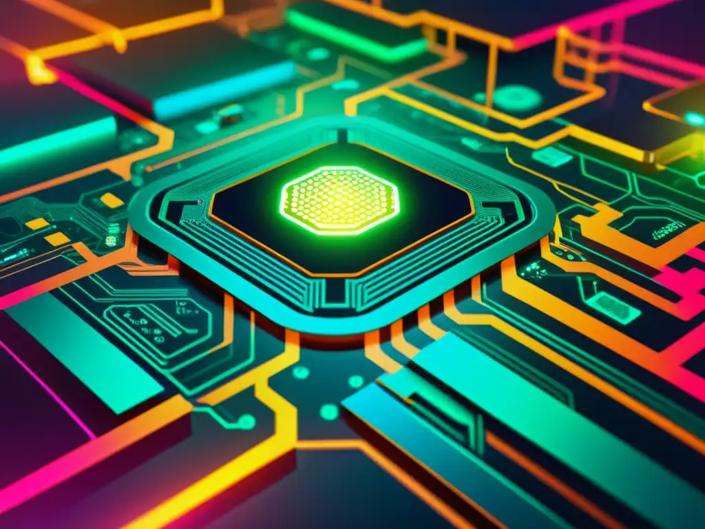 Obra digital futurista de circuitos interconectados y tecnología, con colores neón vibrantes y patrones geométricos