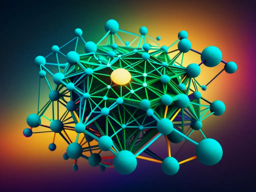 Una obra digital futurista que representa una red compleja de nodos interconectados y líneas, pulsando con colores y patrones vibrantes