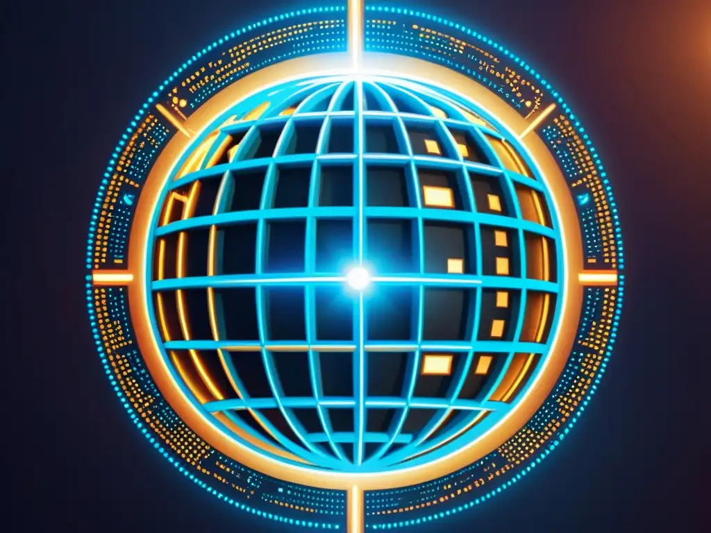 Obra digital moderna muestra un globo rodeado de código binario, con luz irradiando copyright y símbolos de propiedad intelectual