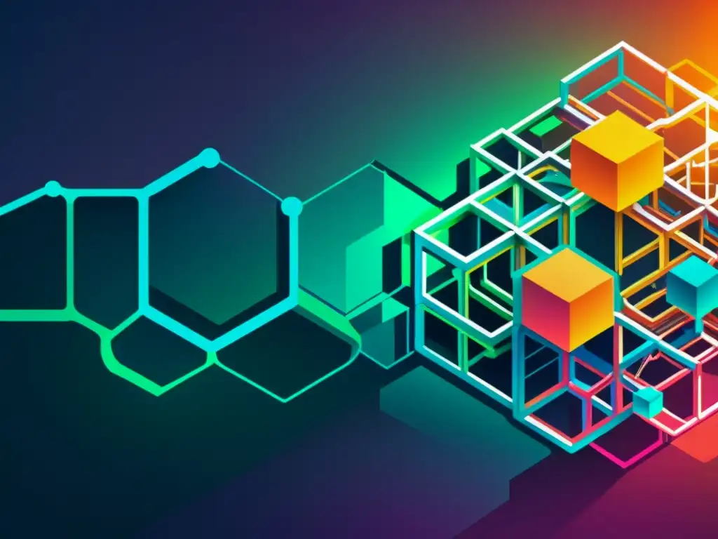 Obra digital moderna que representa la potencia de la cadena de bloques en propiedad intelectual, con un diseño futurista y colores vibrantes
