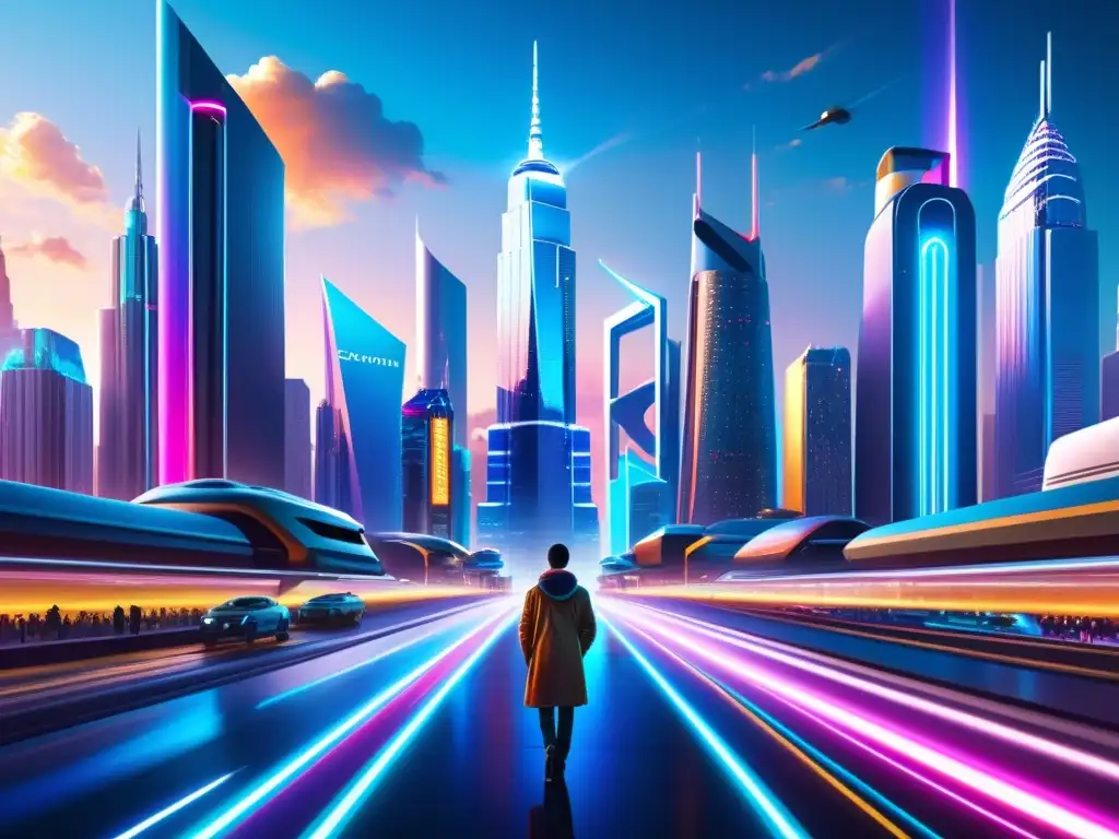 Obra digital de alta resolución: una ciudad futurista con rascacielos metálicos, luces de neón y vehículos voladores