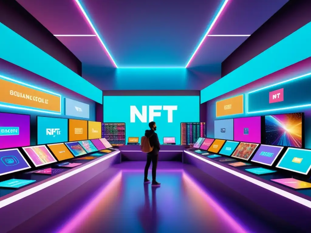 Una obra digital de alta resolución muestra un mercado futurista descentralizado donde se crean, compran y venden NFT