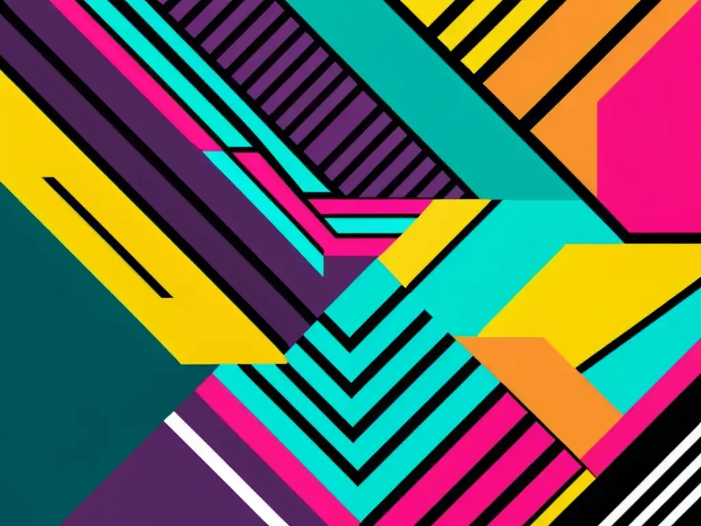 Arte digital vibrante y moderno: geometría abstracta en colores llamativos Obra digital vibrante con formas geométricas abstractas en colores llamativos, líneas dinámicas y patrones que evocan creatividad e innovación en la protección de obras electrónicas editoriales musicales