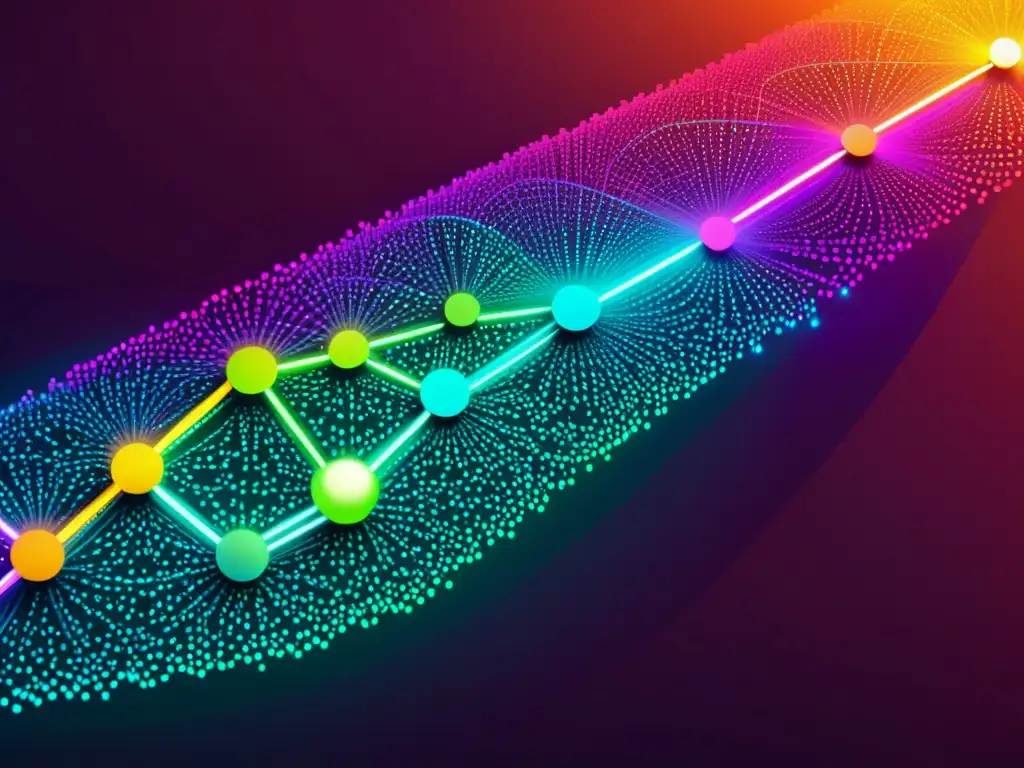 Una obra digital vibrante y moderna que representa una red de nodos e interconexiones, simbolizando las redes sociales y propiedad intelectual