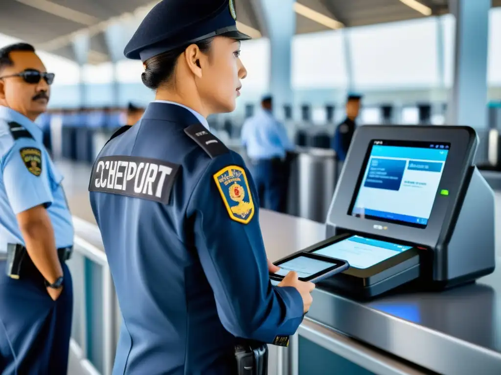 Un oficial de aduanas inspecciona dispositivos electrónicos en un puesto fronterizo, mostrando la protección aduanera propiedad intelectual