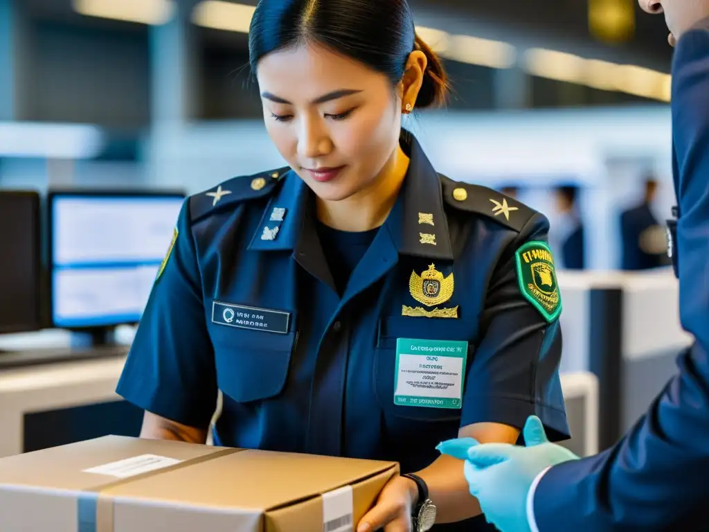 Un oficial de aduanas inspecciona un envío con tecnología avanzada para protección aduanera propiedad intelectual