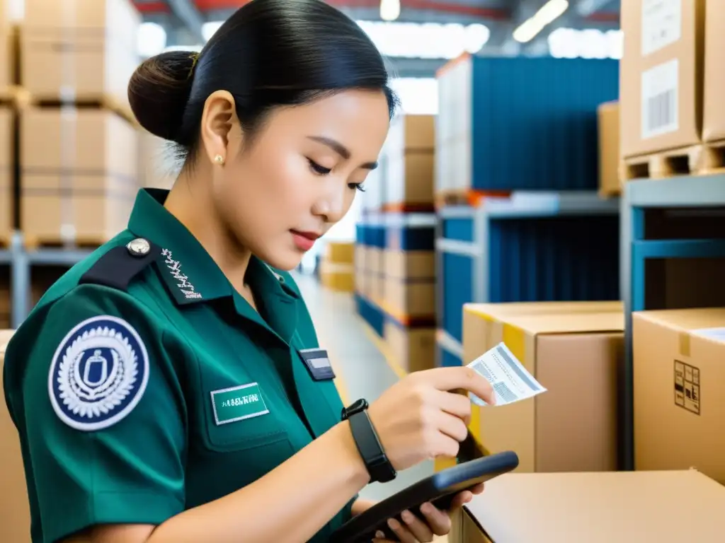 Un oficial de aduanas inspecciona minuciosamente envíos para detectar efectos de falsificación en el comercio internacional de propiedad intelectual