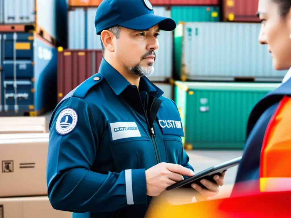 Un oficial de aduanas inspecciona una remesa de productos de marca en el puerto, con tecnología moderna y un enfoque meticuloso, enfatizando la protección de marcas en litigios aduaneros