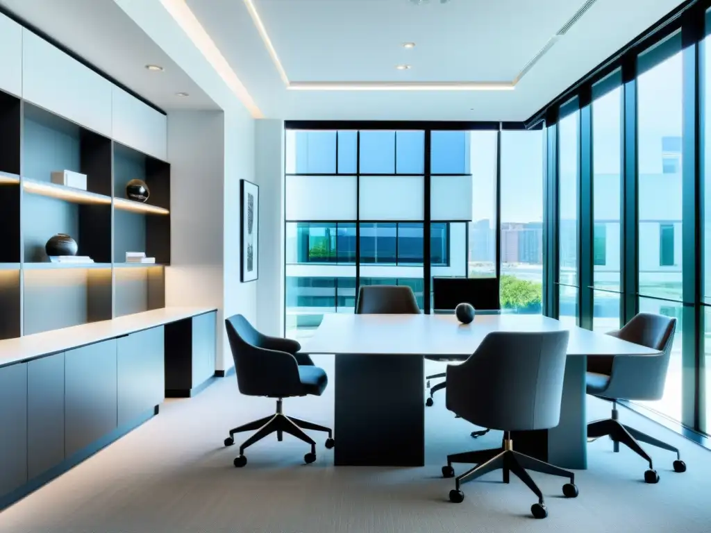 Oficina de abogado de patentes para litigio en diseño moderno y minimalista, con iluminación natural y ambiente acogedor