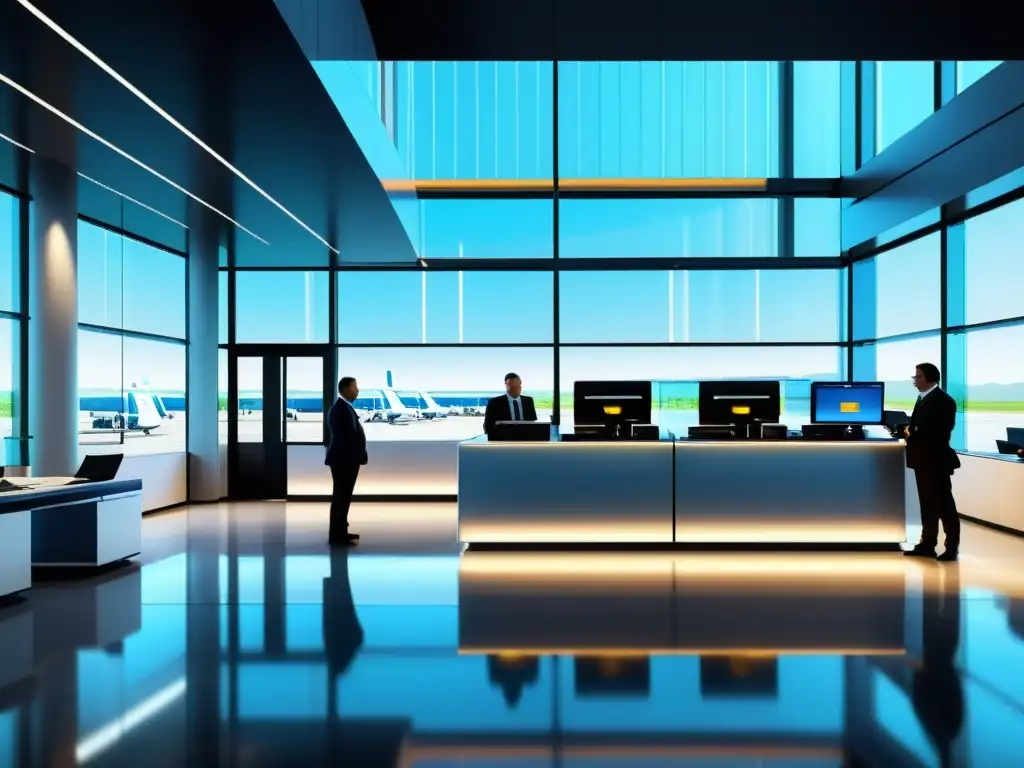 Oficina de aduanas moderna con arquitectura de vidrio, personal inspeccionando bienes y equipos de seguridad avanzados