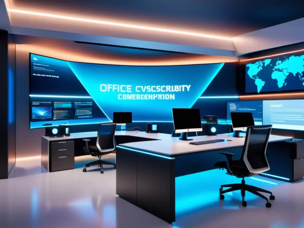 Oficina futurista de ciberseguridad para startups con tecnología avanzada y equipo de profesionales trabajando en protección digital