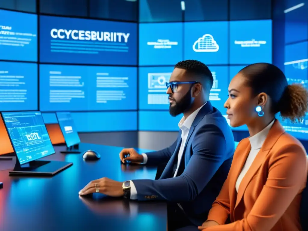 En una oficina futurista, un equipo diverso colabora en protección propiedad intelectual startup digital, inmersos en pantallas de ciberseguridad