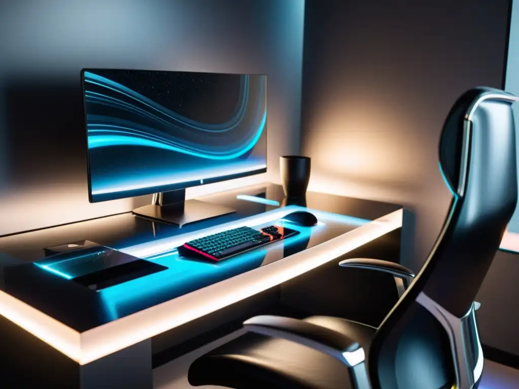 Oficina futurista con escritorio de mármol negro, monitor transparente y silla ergonómica