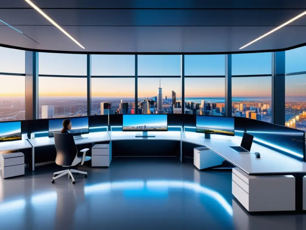 Oficina futurista con tecnología de vanguardia Oficina futurista de startups de IA con mobiliario tecnológico y equipo diverso colaborando en estrategias de patentar para startups de IA