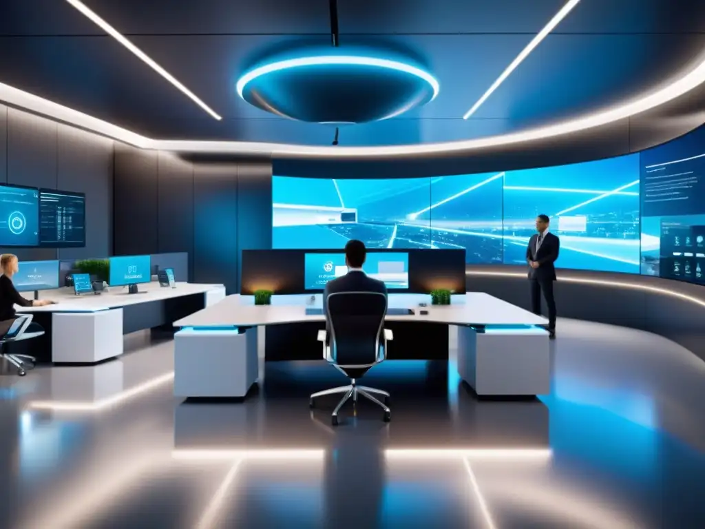 Oficina futurista con tecnología de inteligencia artificial integrada, hologramas dinámicos y medidas de seguridad avanzadas