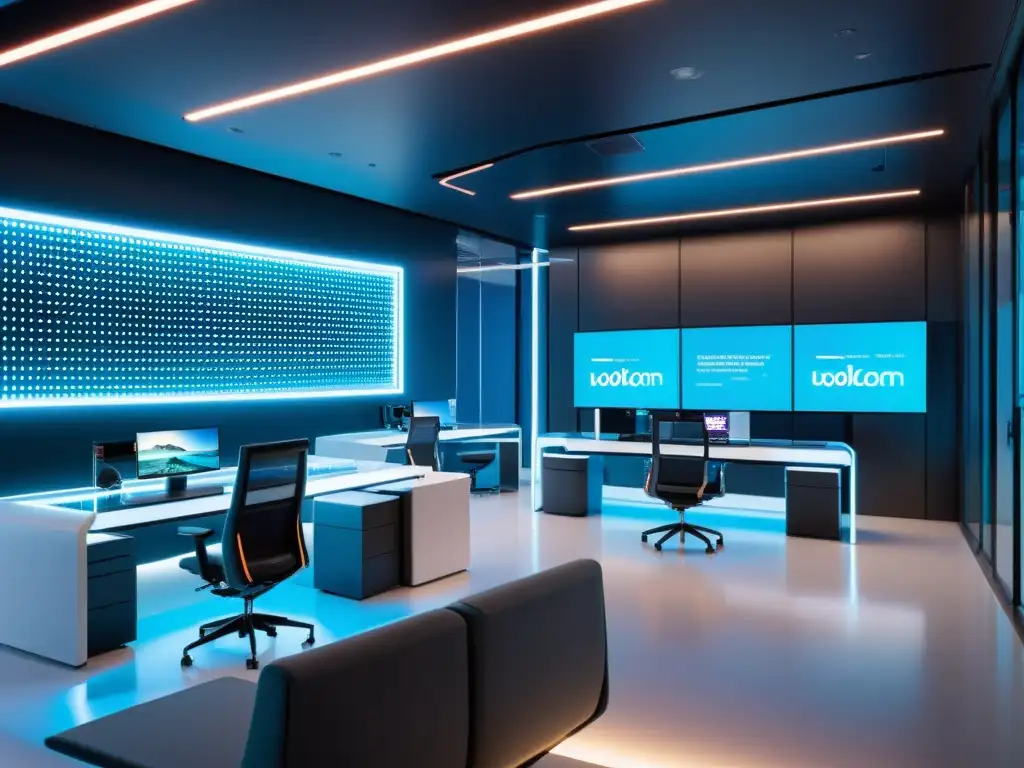 Oficina futurista con tecnología de vanguardia y diseño innovador, reflejando el tema 'Nuevas tecnologías en oficinas de patentes'