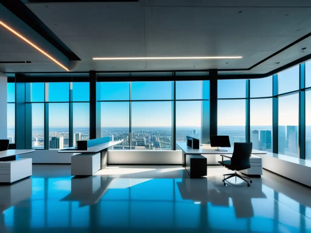 Oficina futurista con vistas urbanas y tecnología vanguardista Oficina futurista con vista a la ciudad