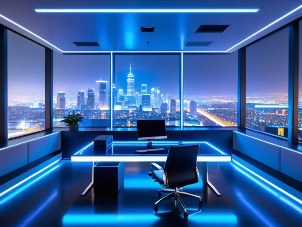 Cybersecurity: Oficina Futurista con Vista Nocturna Oficina futurista con vista nocturna de la ciudad