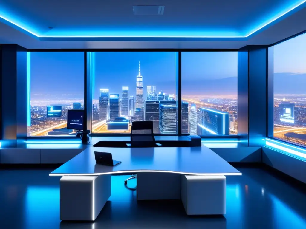 Oficina futurista con vista nocturna de la ciudad y tecnología SaaS en un ambiente sofisticado y minimalista