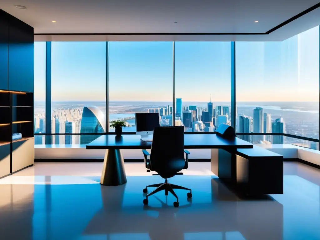 Oficina futurista con vista panorámica de la ciudad, simboliza diferenciarte en el mercado propiedad intelectual con profesionalismo e innovación