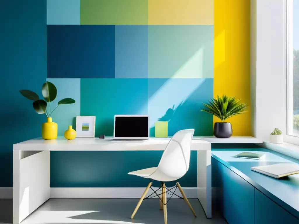 Oficina minimalista con escritorio blanco y muestras de color en tonos azules, verdes y amarillos en la pared