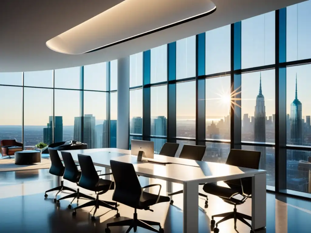Oficina moderna con alta tecnología y equipo colaborativo, iluminada por luz natural