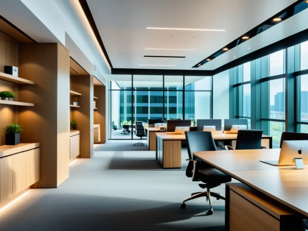 Oficina moderna con diseño minimalista y registro efectivo de marcas propiedad intelectual, destacando profesionalismo y sofisticación