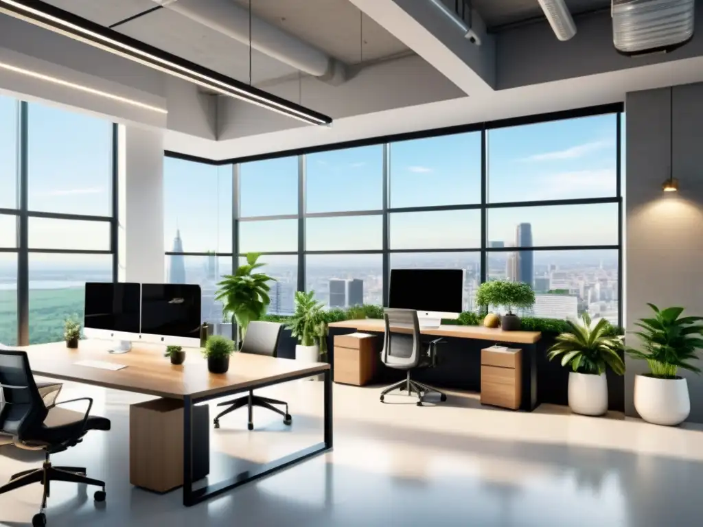 Oficina moderna con diseño minimalista, vista panorámica de la ciudad, alta tecnología y equipo diverso en sesión de lluvia de ideas
