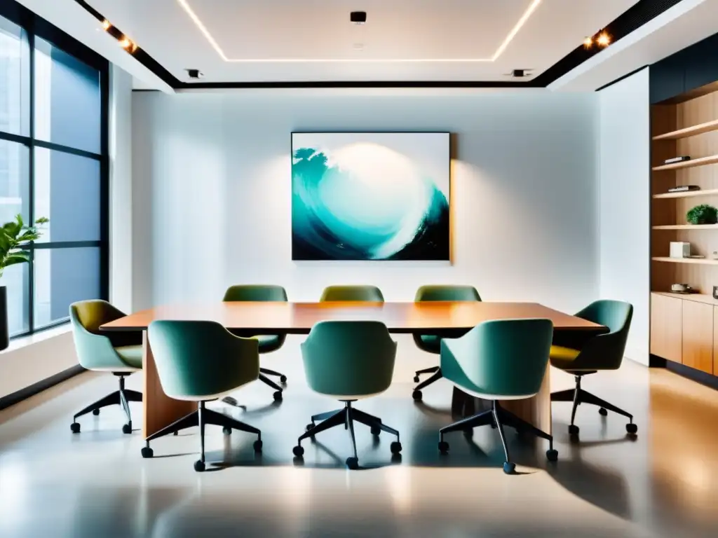 Una oficina moderna y elegante con diseño minimalista, iluminada por luz natural