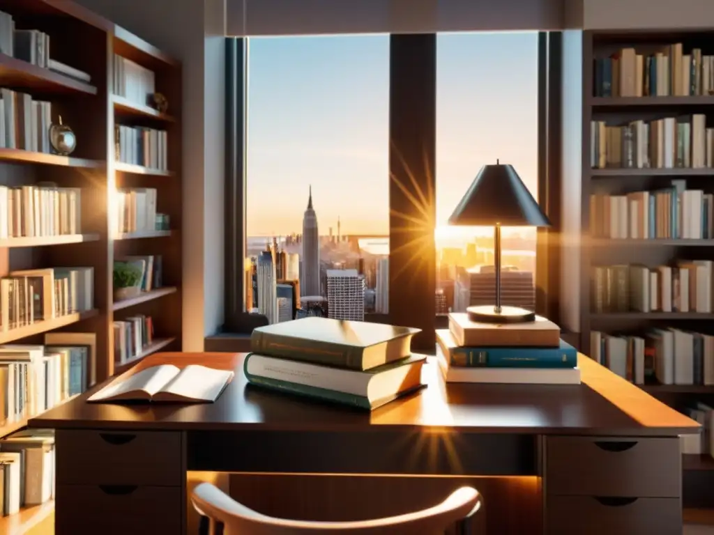 Oficina moderna con escritorio, libros, laptop y gafas