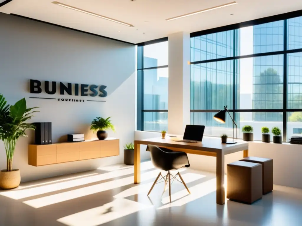 Oficina moderna: escritorio minimalista con branding profesional Oficina moderna con escritorio minimalista y branding