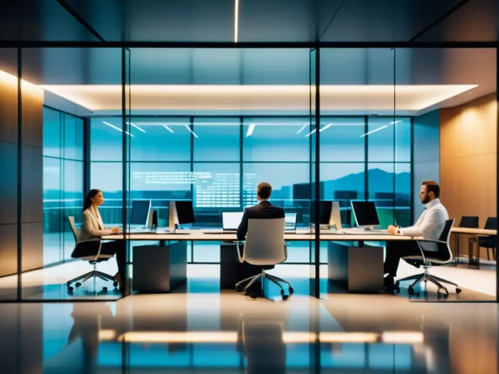 Oficina moderna con fuga de datos y reputación empresarial en riesgo, reflejando tensión y preocupación en empleados y ejecutivo