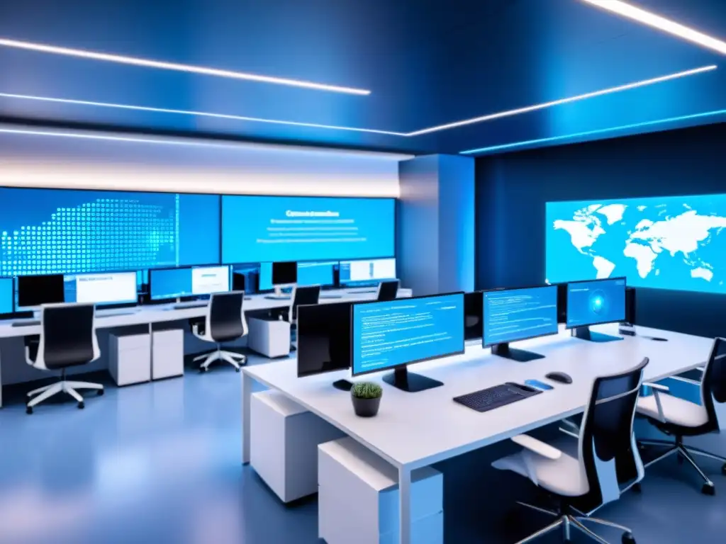 Oficina moderna y futurista de seguridad cibernética para propiedad intelectual, con monitores mostrando datos y equipo colaborando