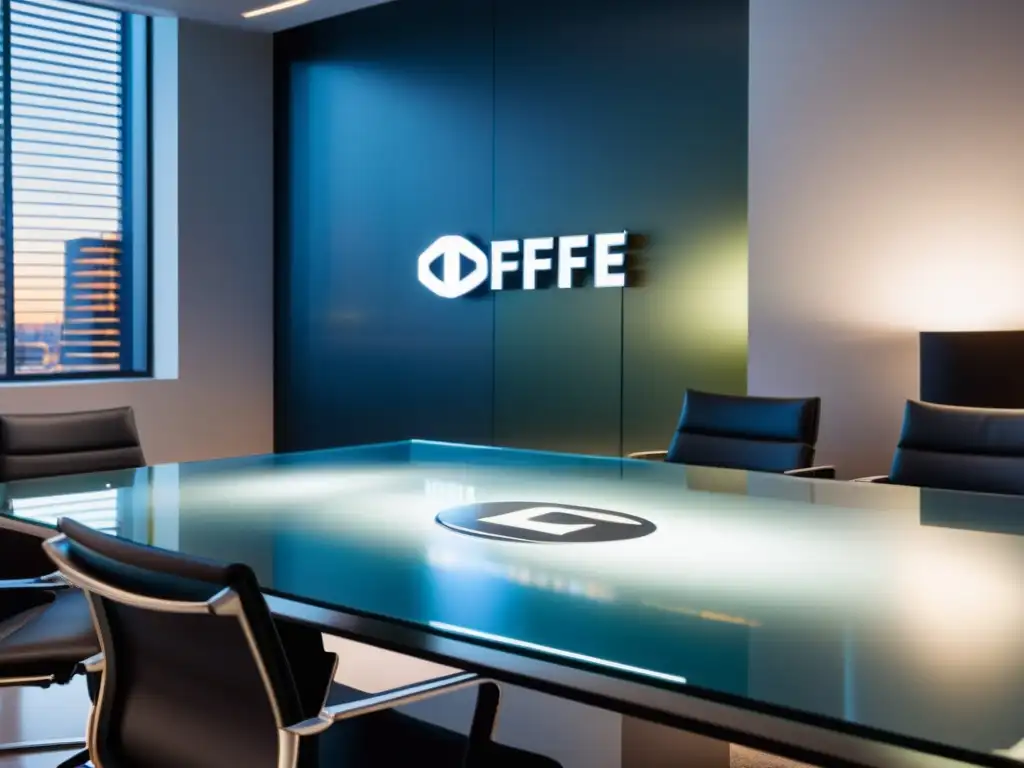 Una oficina moderna con una mesa de conferencias de vidrio, productos de marca estratégicamente ubicados