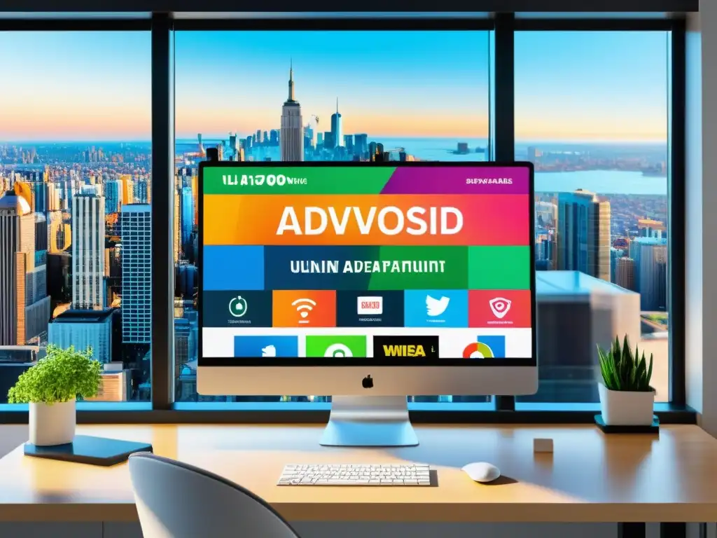 Una oficina moderna con pantalla de computadora llena de anuncios en línea vibrantes, destacando la infracción de derechos en publicidad en línea