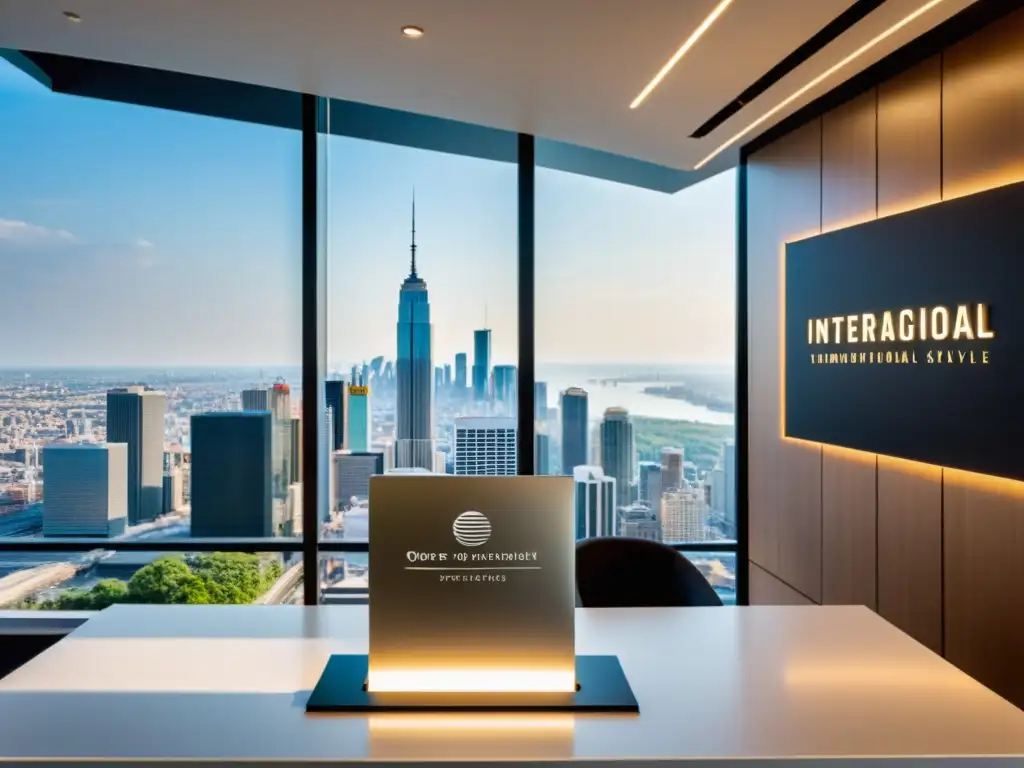 Oficina moderna con skyline de ciudad internacional, branding minimalista y alcance global