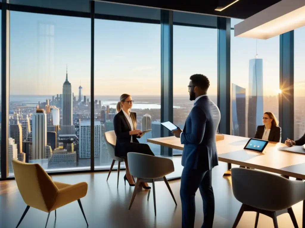 Oficina moderna con ventanales altos y vistas a la ciudad, profesionales colaborando en una startup, protección secretos comerciales