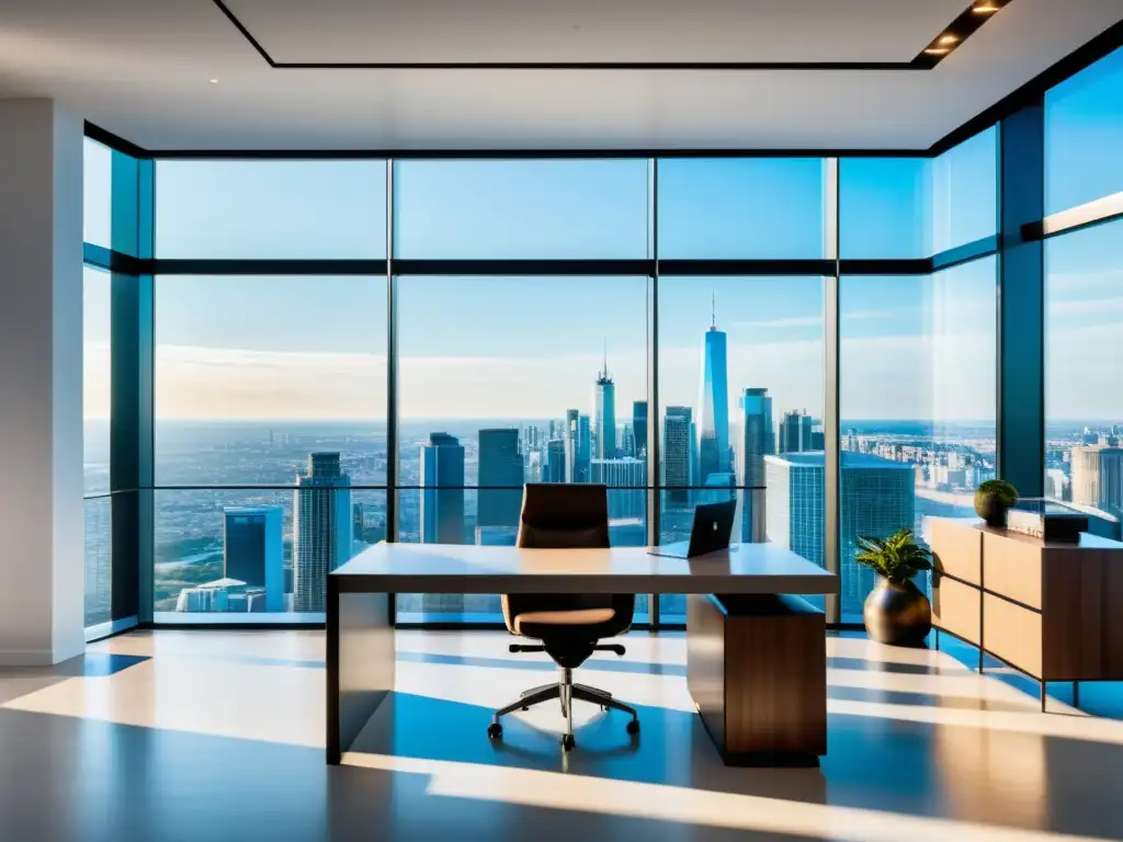 Oficina moderna con vista panorámica de la ciudad, ideal para gestionar opiniones reseñas online