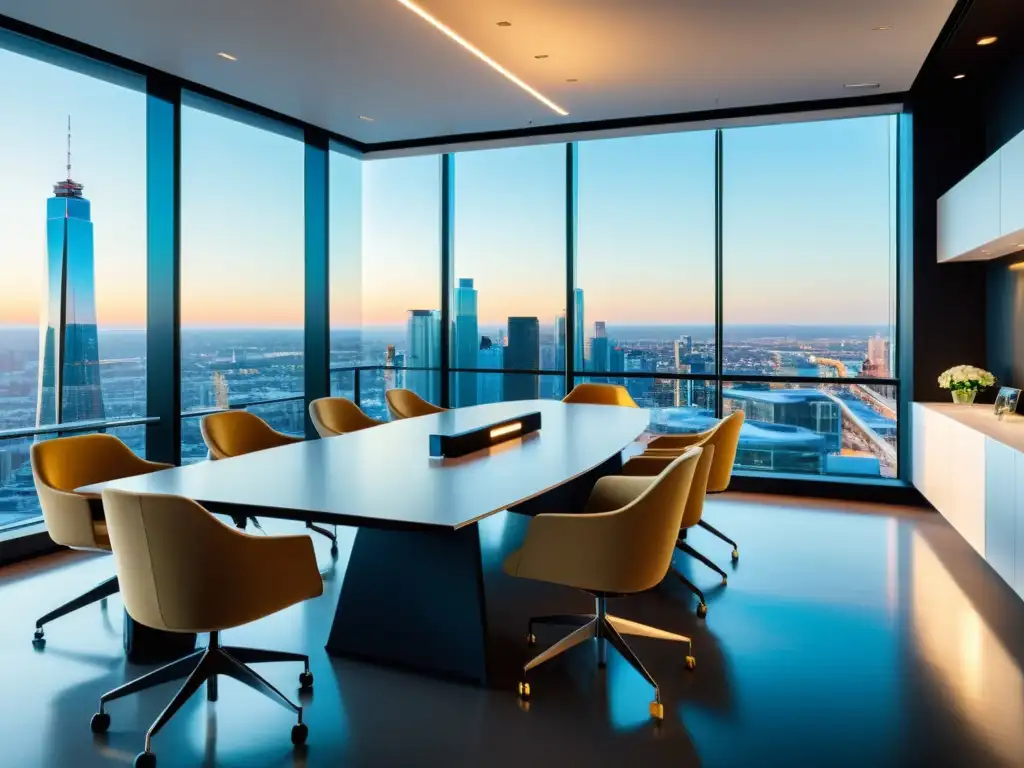 Oficina moderna con vista panorámica a la ciudad, profesionales discutiendo en mesa de conferencias