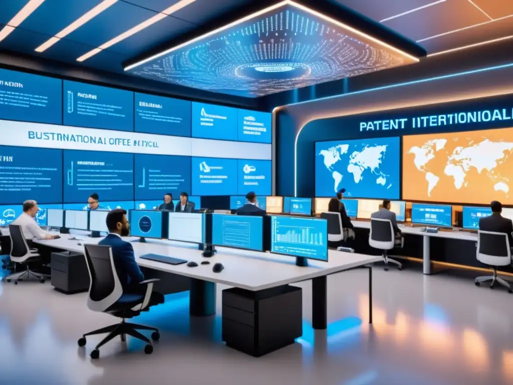 Oficina de patentes internacional futurista, con profesionales de diversas procedencias trabajando en estaciones modernas