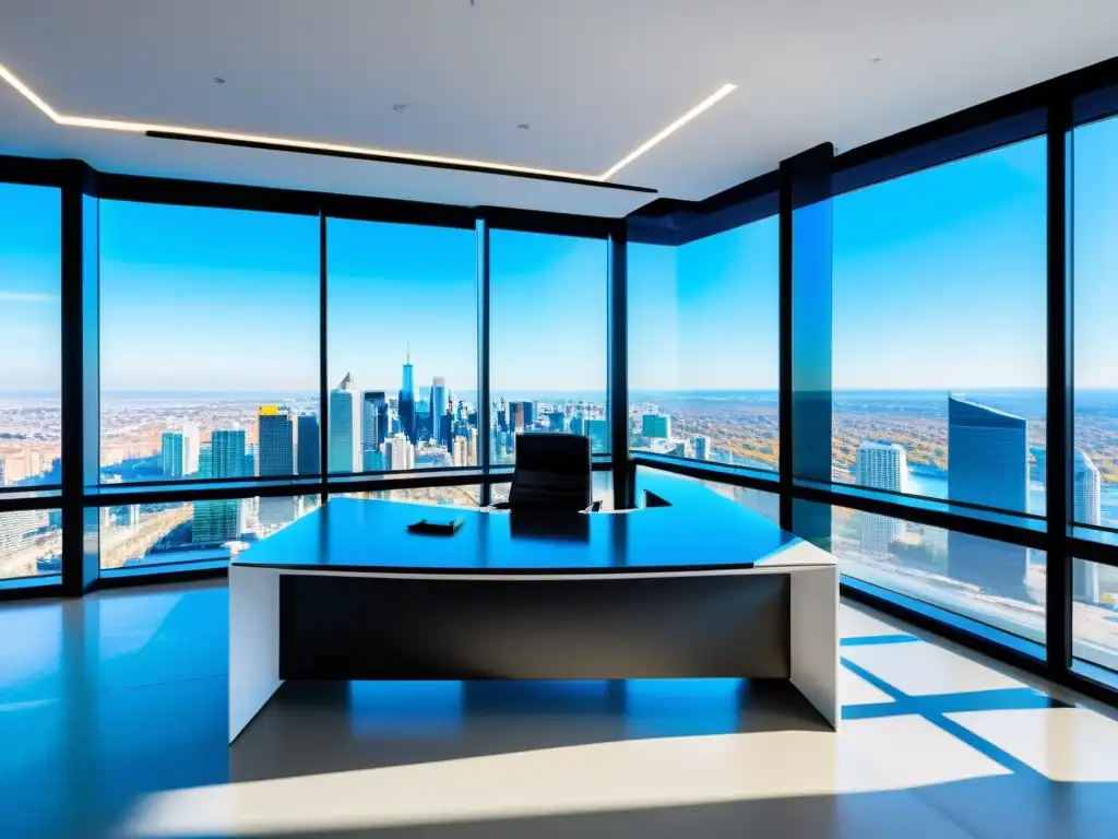 Oficina moderna con escritorio de cristal y vista panorámica de la ciudad Oficina de propiedad intelectual con diseño moderno, organización impecable y vista panorámica a la ciudad