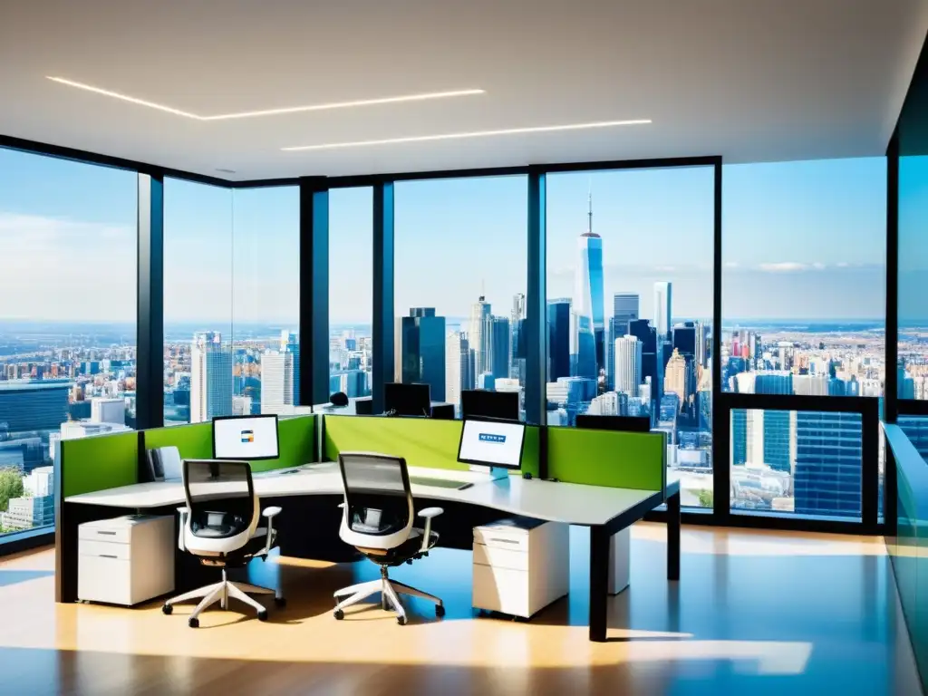Oficina publicitaria moderna con vista panorámica a la ciudad, ambiente profesional y tecnológico