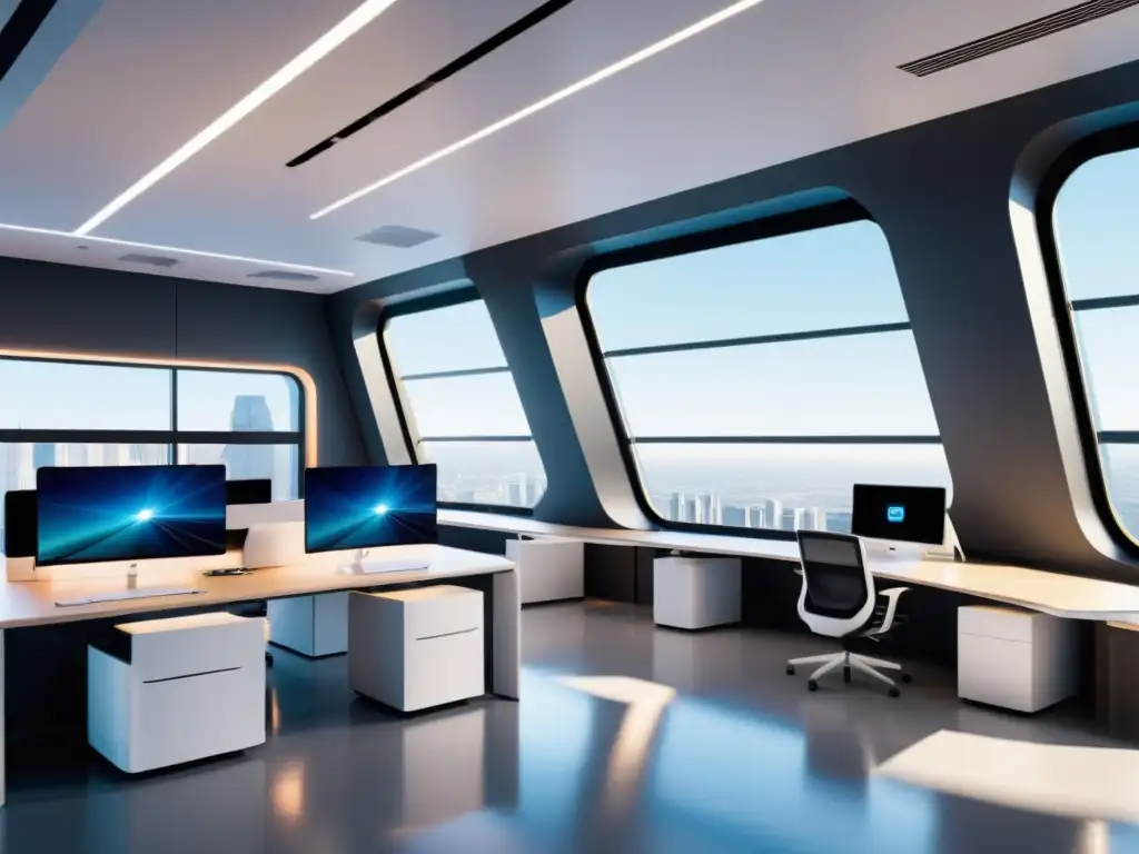 Oficina futurista de IA: Innovación y tecnología de vanguardia 'Oficina de startups de IA con diseño futurista y tecnología de vanguardia, perfecta para patentar estrategias para startups de IA