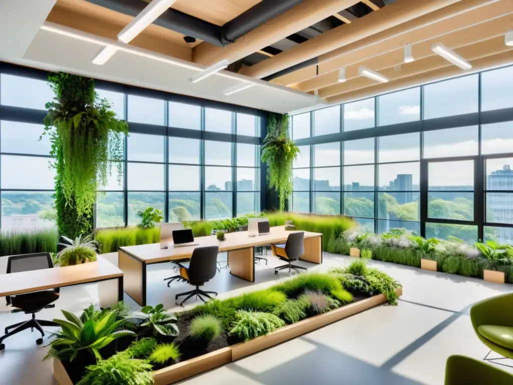 Oficina verde moderna y vibrante con vista a un jardín en la azotea