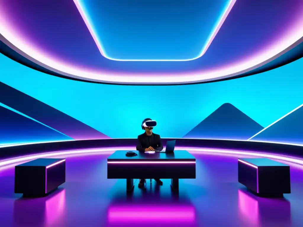Oficina virtual futurista en 8k con tecnología holográfica y protección de la propiedad intelectual en realidad virtual