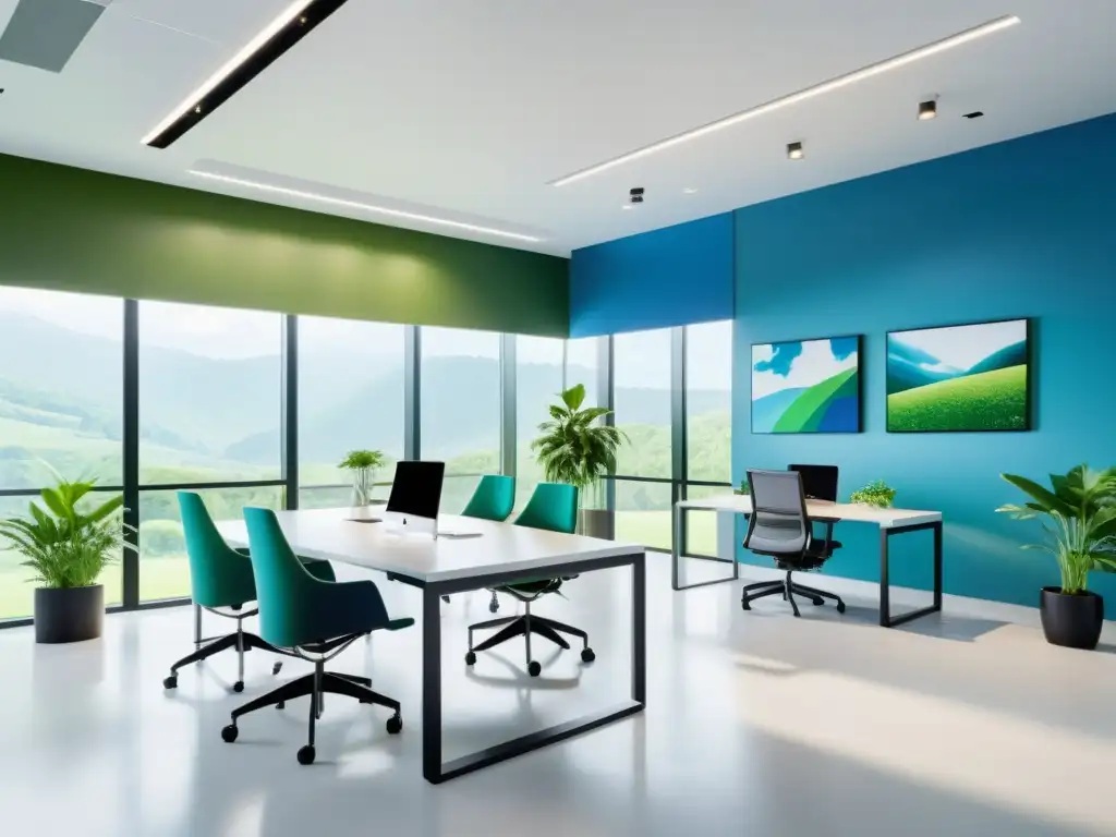 Oficinas de Patentes Promoción Tecnologías Verdes: Espacio de oficina moderno con vistas a un paisaje verde y lleno de luz natural, mobiliario minimalista y plantas vibrantes