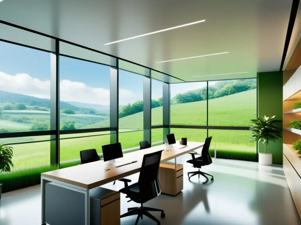Oficinas de Patentes Promoción Tecnologías Verdes: Espacio de oficina moderno y vibrante con ventanales que dan a un paisaje verde exuberante, mobiliario minimalista y tecnología de vanguardia, creando una atmósfera ecoamigable y sostenible