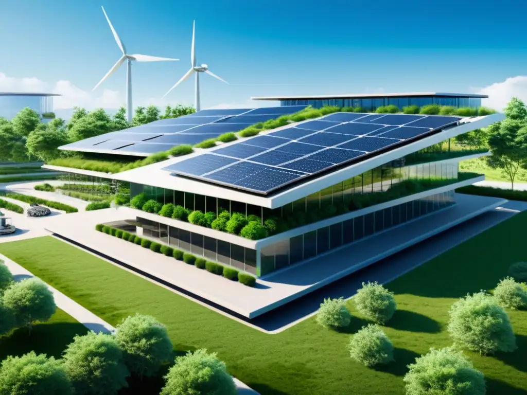 Oficinas de Patentes Promoción Tecnologías Verdes: Una oficina futurista con arquitectura sostenible, paisajes verdes y tecnología limpia