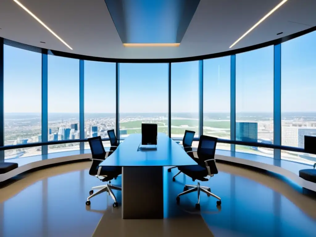 Oficinas de propiedad intelectual innovación global en un edificio futurista de cristal con arquitectura angular y vistas a la ciudad